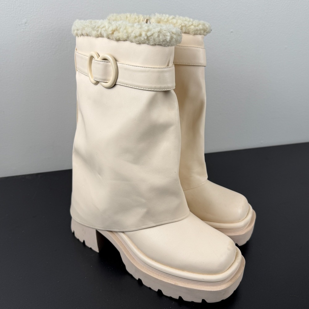 Circus by Sam Edelman Noah Mid Calf Womens 9M Cream Faux Fur Lined Heeled Chunky